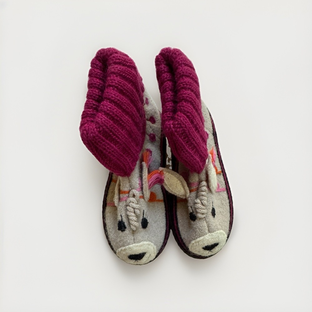 Garnet Hill Kids Wool Alpaca Animal Slippers Girls Size 13 Purple Pink